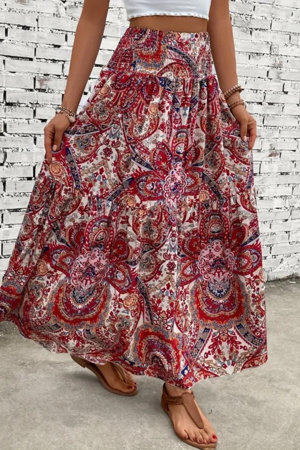 Paisley Print Shirred Waist Skirt, Casual Beach Wear Skirt For Spring & Summer, Women's Clothing