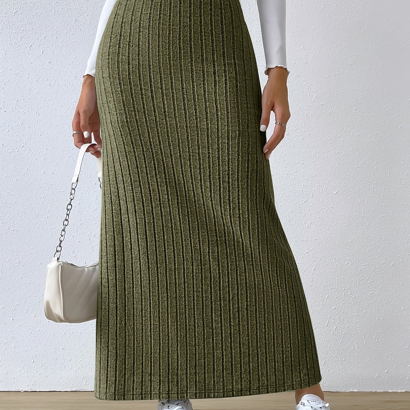 Solid Ribbed High Waist Skirt, Casual Ankle Length Bodycon Skirt, Women's Clothing